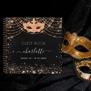 Guest book Sweet 16 black gold masquerade glitter