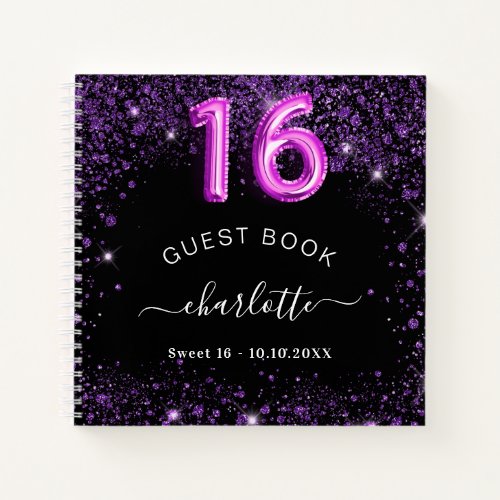 Guest book Sweet 16 black purple glitter name