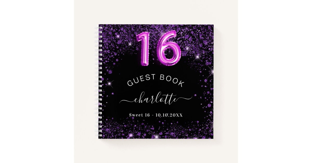 Guest book Sweet 16 black purple glitter name Zazzle