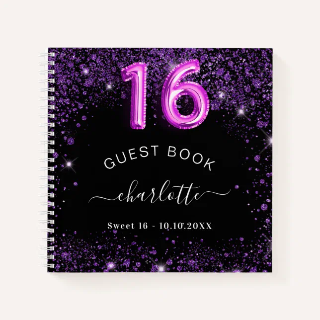 Guest book Sweet 16 black purple glitter name Zazzle