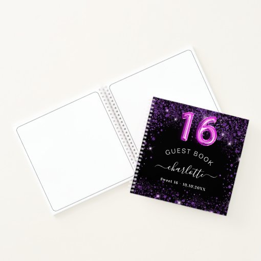 Guest book Sweet 16 black purple glitter name Zazzle
