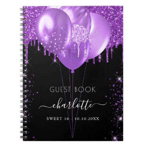 Guest book Sweet 16 black purple glitter name