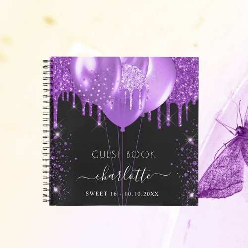 Guest book Sweet 16 black purple glitter name