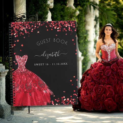 Guest book Sweet 16 black red dress glitter