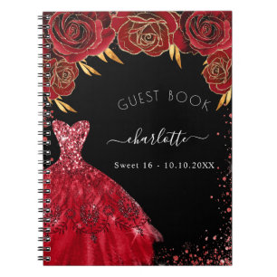 Guest book Sweet 16 black red glitter dress