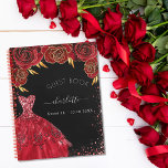 Guest book Sweet 16 black red glitter dress<br><div class="desc">For a Sweet 16, 16th birthday party. A black background with red sparkles, a red dress and red roses, florals. The name is written with a modern hand lettered style script with swashes. Personalize and add a name and date. To keep the swashes only delete the sample name, leave the...</div>