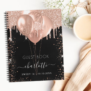 Guest book Sweet 16 black rose gold balloons