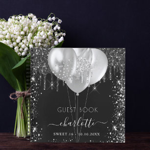 Guest book Sweet 16 black silver glitter name