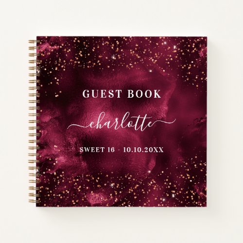 Guest book Sweet 16 burgundy rose gold glitter