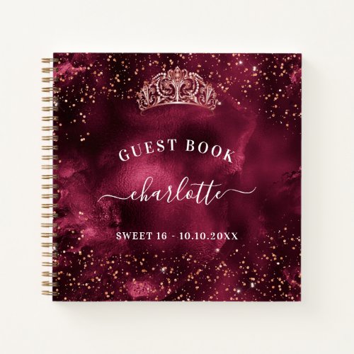 Guest book Sweet 16 burgundy rose gold tiara