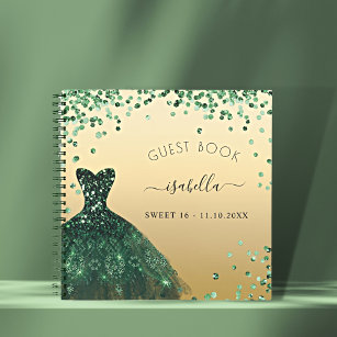 Guest book Sweet 16 emerald green gold dress