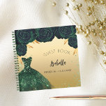 Guest book Sweet 16 emerald green gold dress<br><div class="desc">For a Sweet 16,  16th birthday party.  A faux gold background with emerald green sparkles,  a dress and green roses.  The name is written with a modern hand lettered style script.  Personalize and add a name and date.</div>