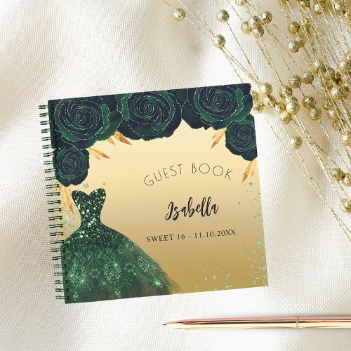 Guest book Sweet 16 emerald green gold dress