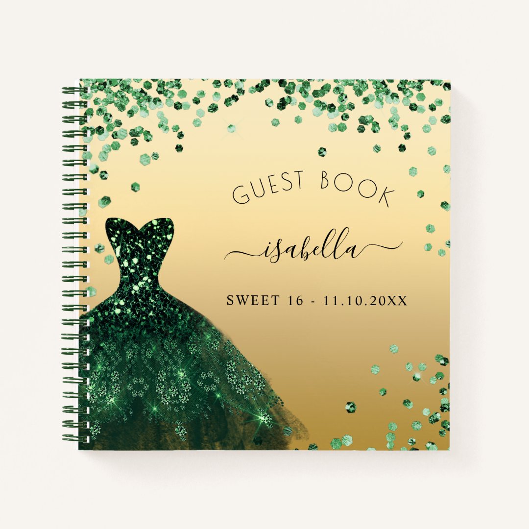 Guest book Sweet 16 emerald green gold dress Zazzle