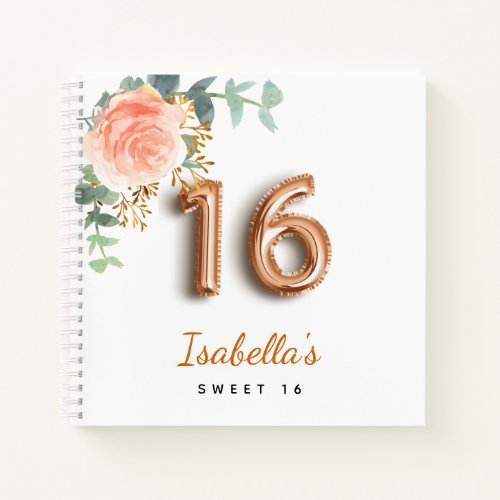 Guest book Sweet 16 floral rose gold eucalyptus