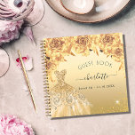 Guest book Sweet 16 gold glitter dress<br><div class="desc">For a Sweet 16,  16th birthday party.  A faux gold background with faux glitter dust,  a dress and golden roses,  florals.  The name is written with a modern hand lettered style script.  Personalize and add a name and date.</div>