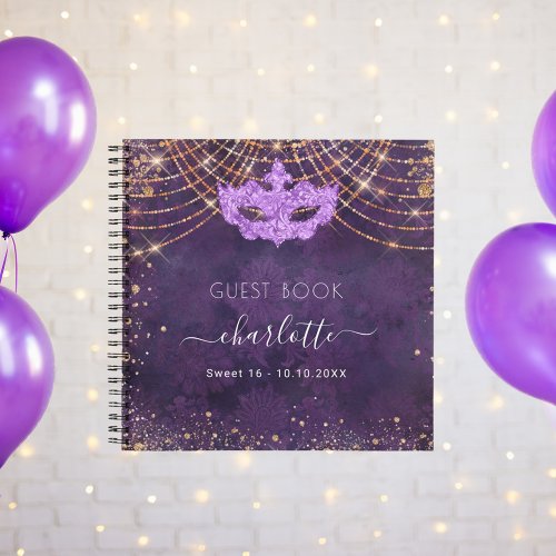 Guest book Sweet 16 masquerade purple rose gold