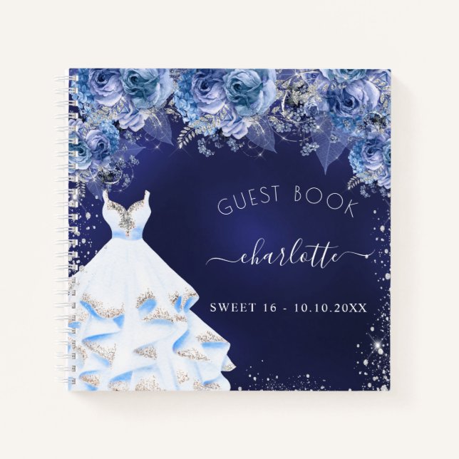 Guest book Sweet 16 navy blue floral dress glitter (Front)