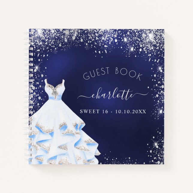 Guest book Sweet 16 navy blue glitter dress  (Front)