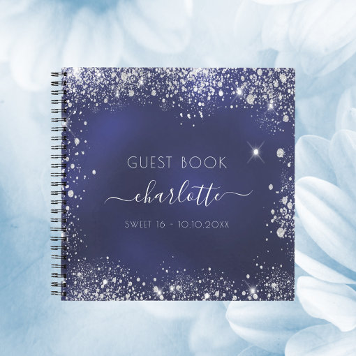 Guest book Sweet 16 navy blue silver glitter Zazzle