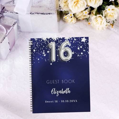 Guest book Sweet 16 navy blue silver stars