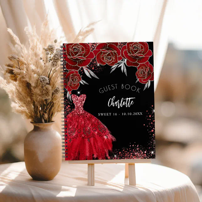 Guest book Sweet 16 red black glitter dress | Zazzle