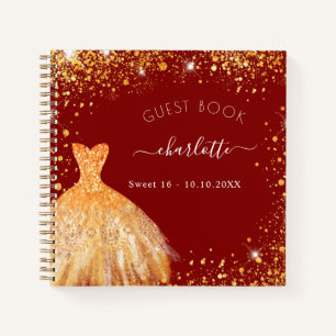 Guest book Sweet 16 red gold glitter dress
