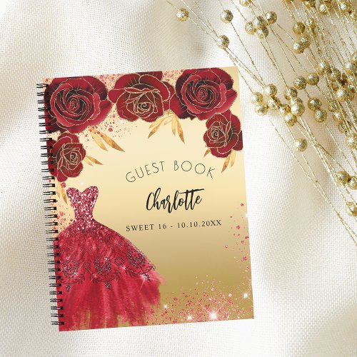 Guest book Sweet 16 red gold glitter dress