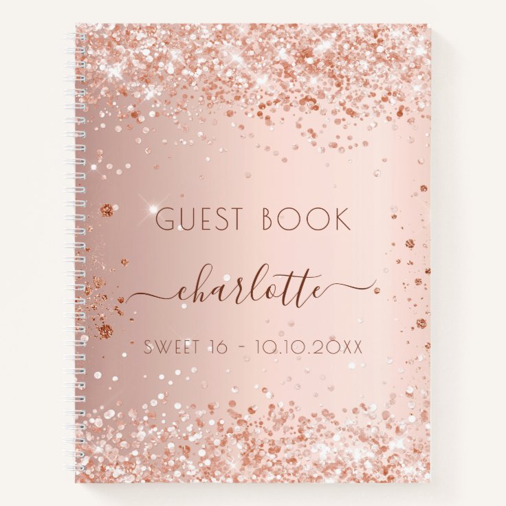 Guest book Sweet 16 rose gold blush sparkles Zazzle