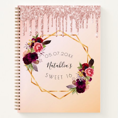 Guest book Sweet 16 rose gold glitter drips floral