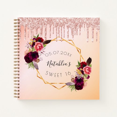 Guest book Sweet 16 rose gold glitter drips floral