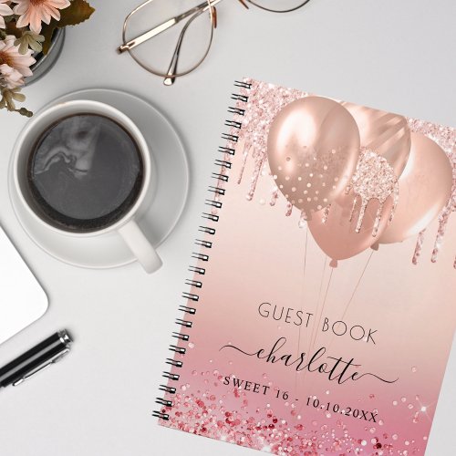 Guest book Sweet 16 rose gold pink glitter 