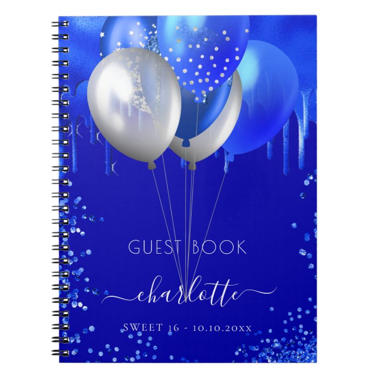 Guest book Sweet 16 royal blue drips balloons Zazzle