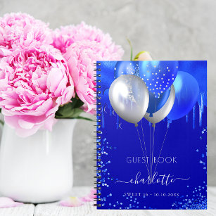 Guest book Sweet 16 royal blue drips balloons
