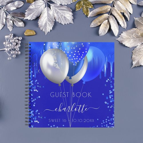 Guest book Sweet 16 royal blue drips balloons