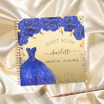 Guest book Sweet 16 royal blue gold dress<br><div class="desc">For a Sweet 16, 16th birthday party. A faux gold background with faux glitter, sparkles, a royal blue dress and blue roses, florals. The name is written with a modern hand lettered style script with swashes. Personalize and add a name and date. To keep the swashes only delete the sample...</div>