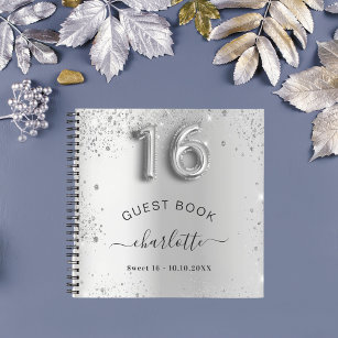 Guest book Sweet 16 silver glitter name glam