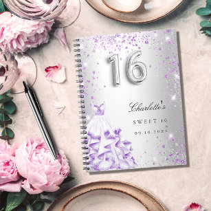Guest book Sweet 16 silver purple glitter dress