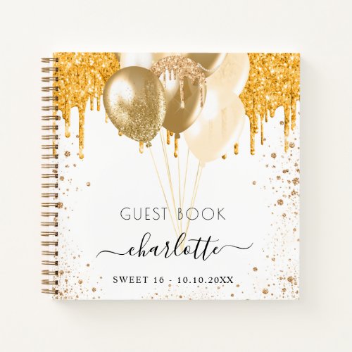 Guest book Sweet 16 white gold glitter balloons