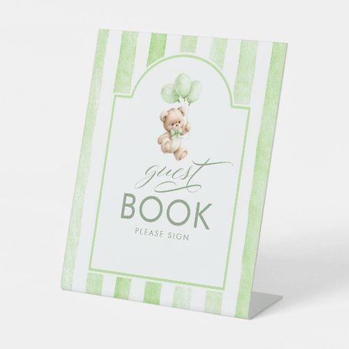 Guest Book Teddy Bear Green Stripes Baby Shower Pedestal Sign