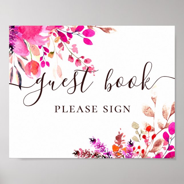 Guest book. Watercolor pink floral script wedding Poster (Front)