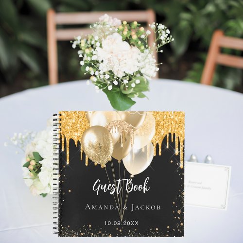 Guest book wedding black gold glitter balloons