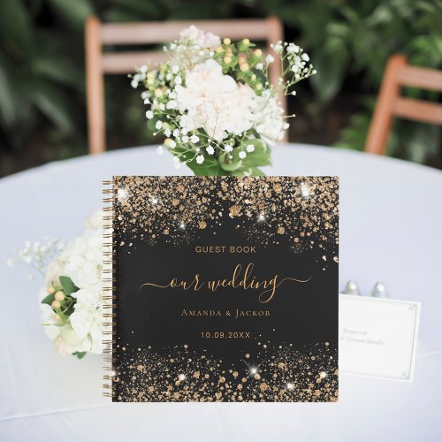 Guest book wedding black gold glitter monogram