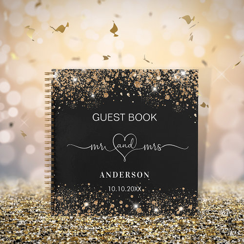 Guest book wedding black gold glitter mr mrs heart