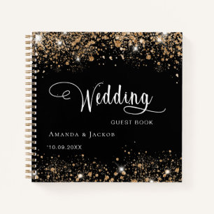 Guest book wedding black gold glitter names