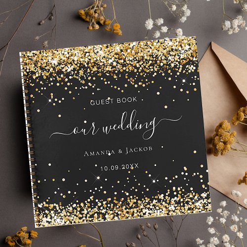 Guest book wedding black gold glitter names