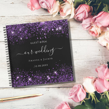 Guest Book Wedding Black Purple Glitter Monogram by Thunes at Zazzle