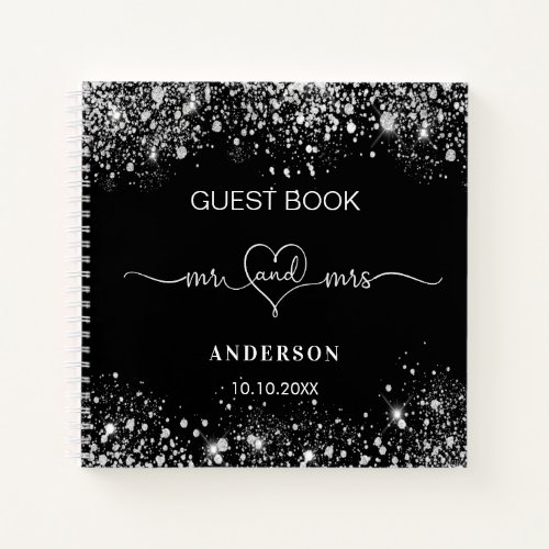 Guest book wedding black silver glitter mr mrs