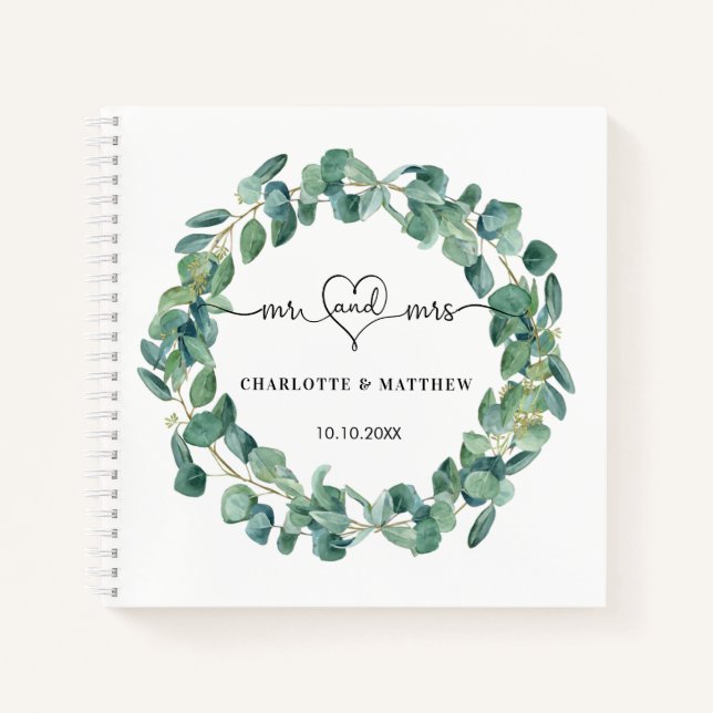 Guest book wedding eucalyptus wreath mr mrs heart (Front)