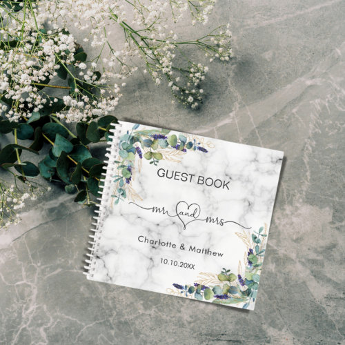 Guest book wedding marble eucalyptus mr mrs